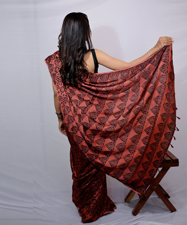 Maroon copper modal silk hand block printed saree