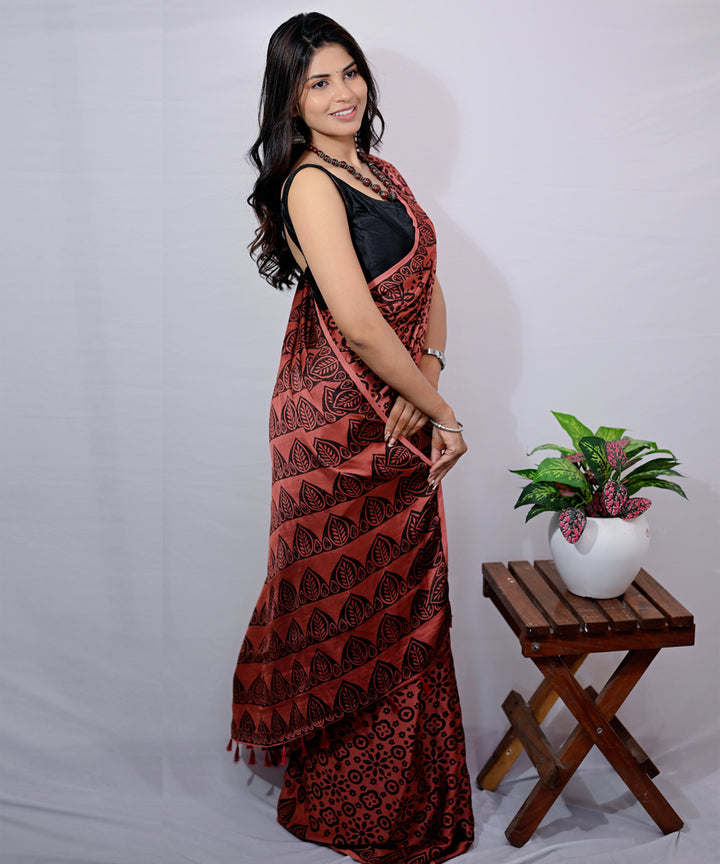 Maroon copper modal silk hand block printed saree