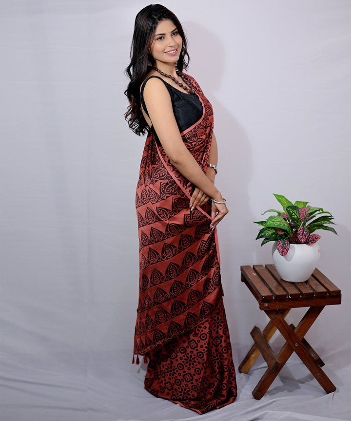 Maroon copper modal silk hand block printed saree