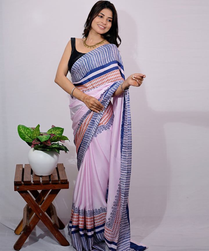 White pink modal silk hand block printed saree