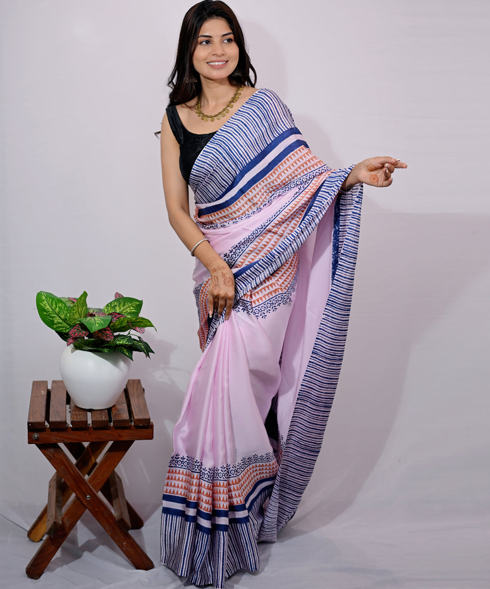 White pink modal silk hand block printed saree