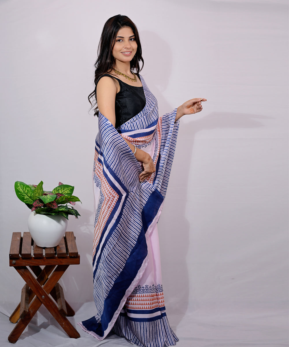 White pink modal silk hand block printed saree
