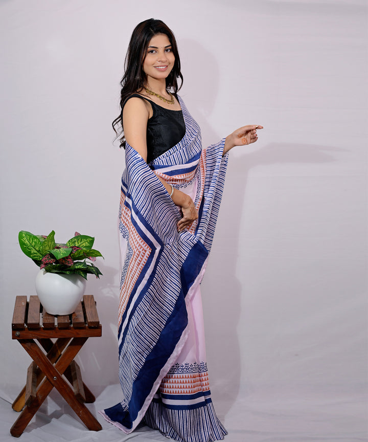 White pink modal silk hand block printed saree