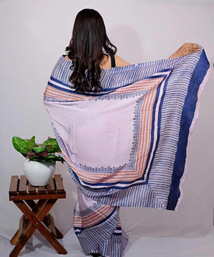 White pink modal silk hand block printed saree