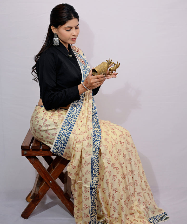 White yellow modal silk hand block printed saree