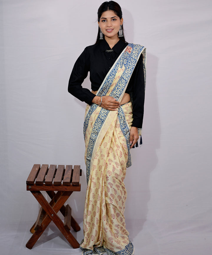 White yellow modal silk hand block printed saree