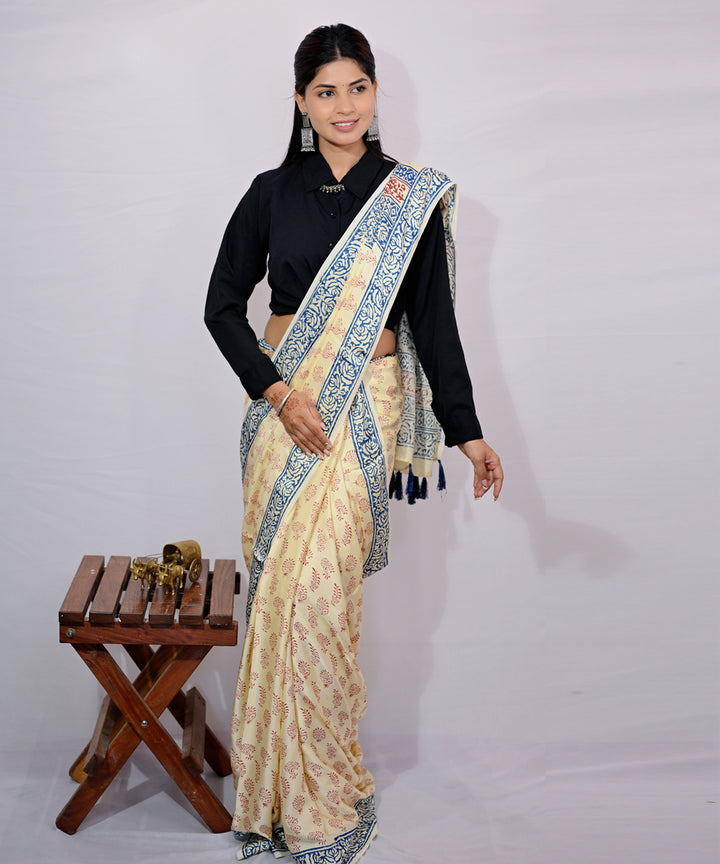 White yellow modal silk hand block printed saree