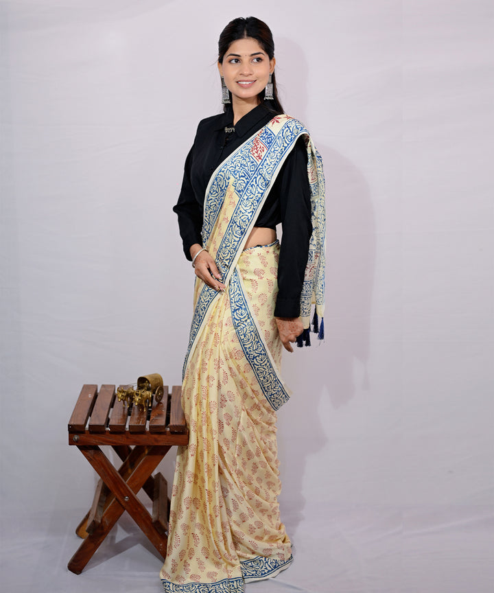 White yellow modal silk hand block printed saree