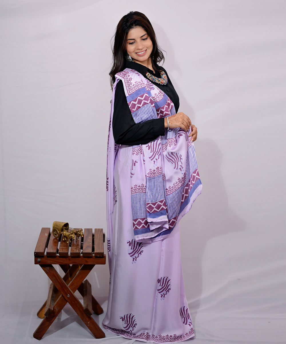 Lavender cyan blue modal silk hand block printed saree