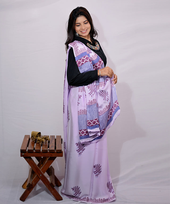 Lavender cyan blue modal silk hand block printed saree