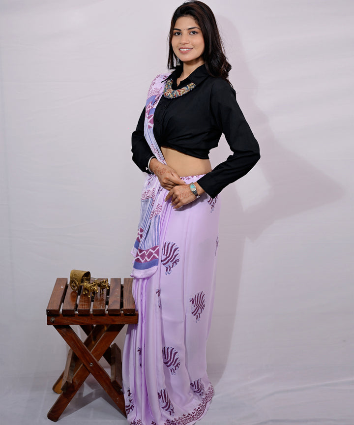 Lavender cyan blue modal silk hand block printed saree