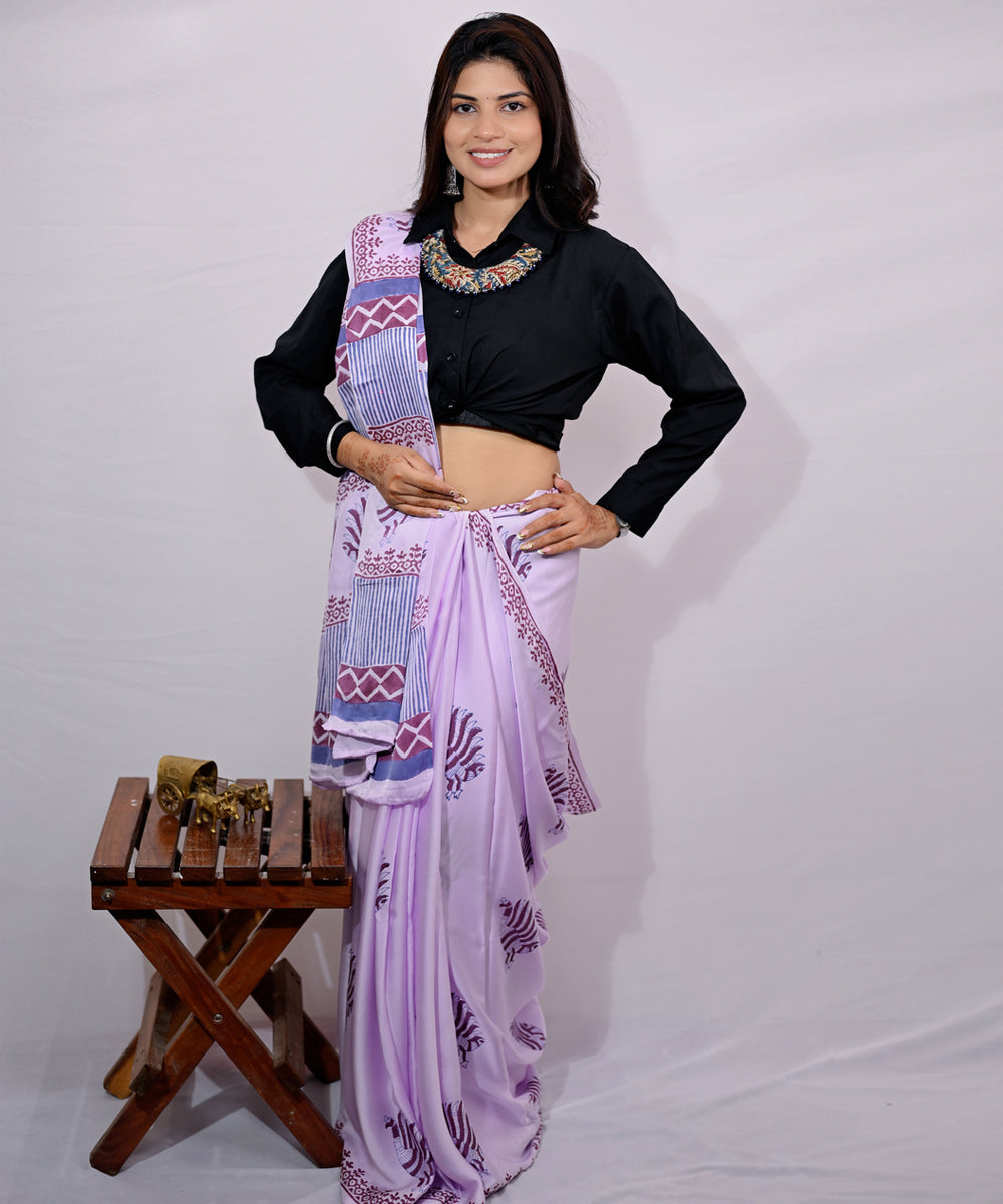 Lavender cyan blue modal silk hand block printed saree