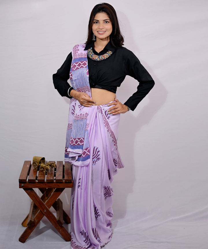 Lavender cyan blue modal silk hand block printed saree