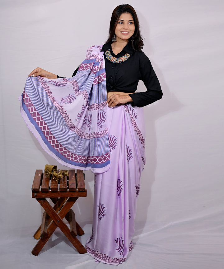 Lavender cyan blue modal silk hand block printed saree