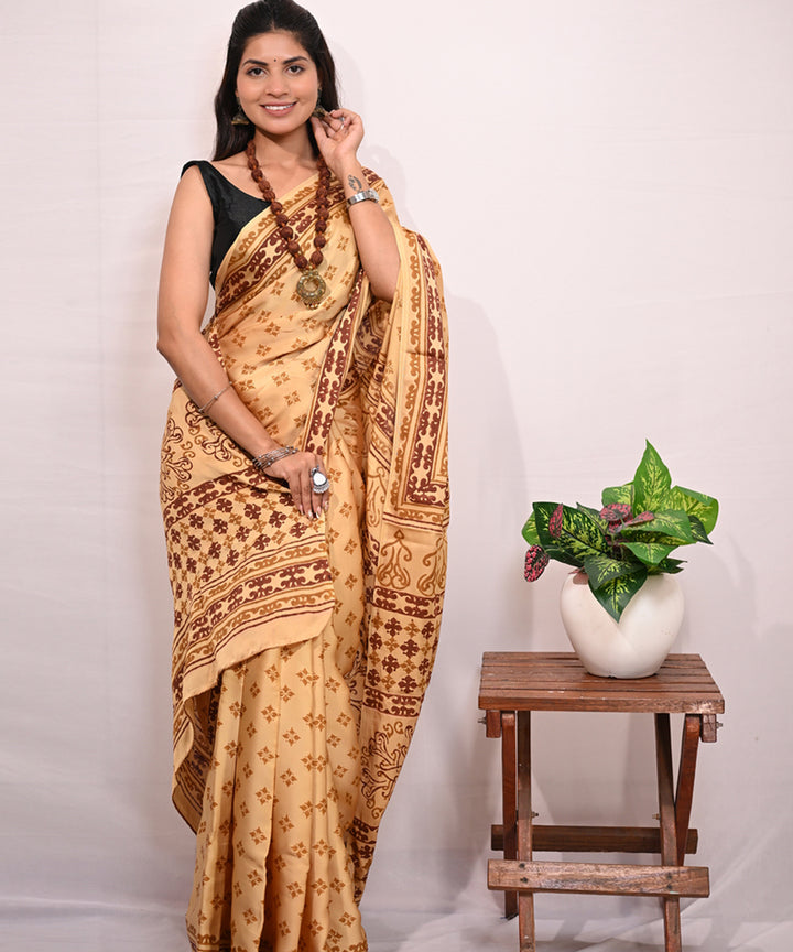 Yellow maroon modal silk hand block printed saree