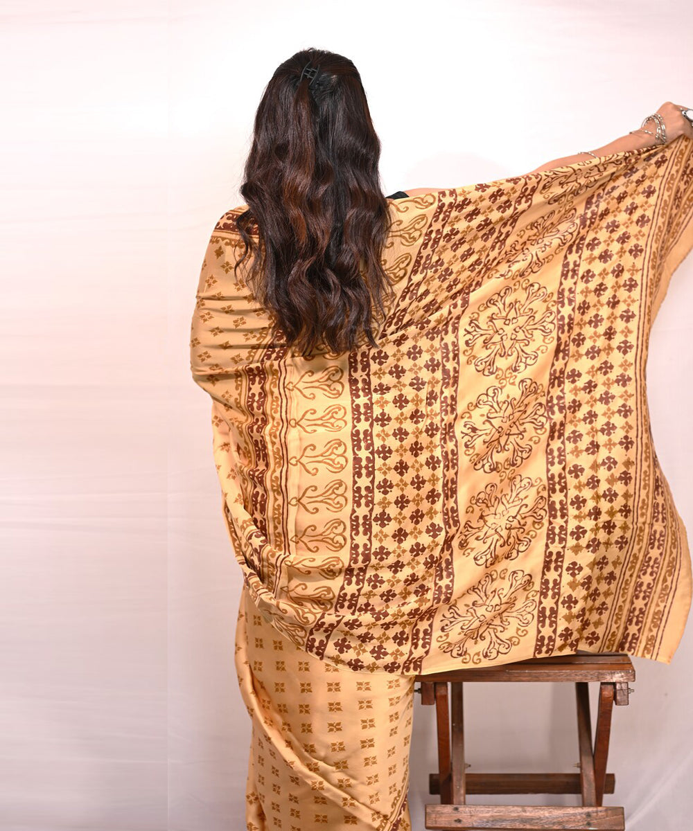 Yellow maroon modal silk hand block printed saree