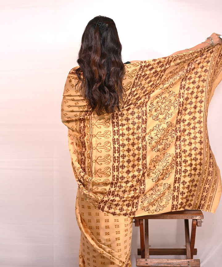 Yellow maroon modal silk hand block printed saree