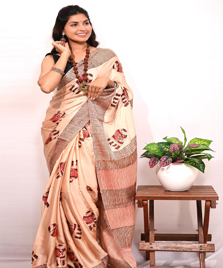 Peach maroon modal silk hand block printed saree