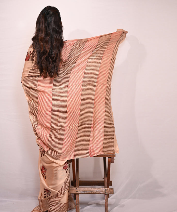 Peach maroon modal silk hand block printed saree