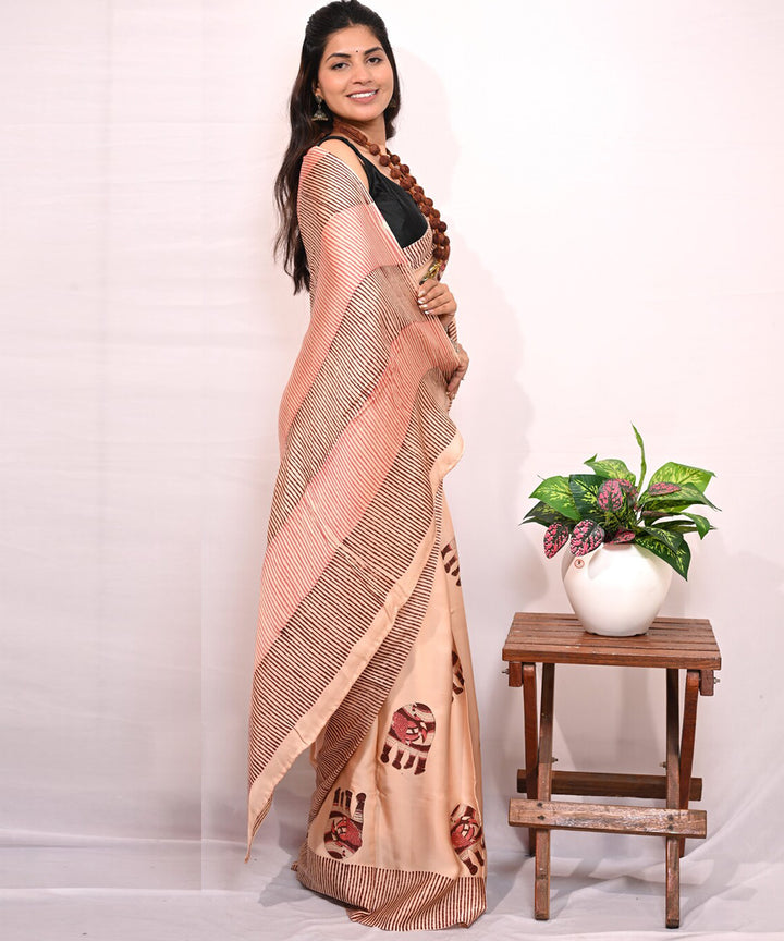 Peach maroon modal silk hand block printed saree