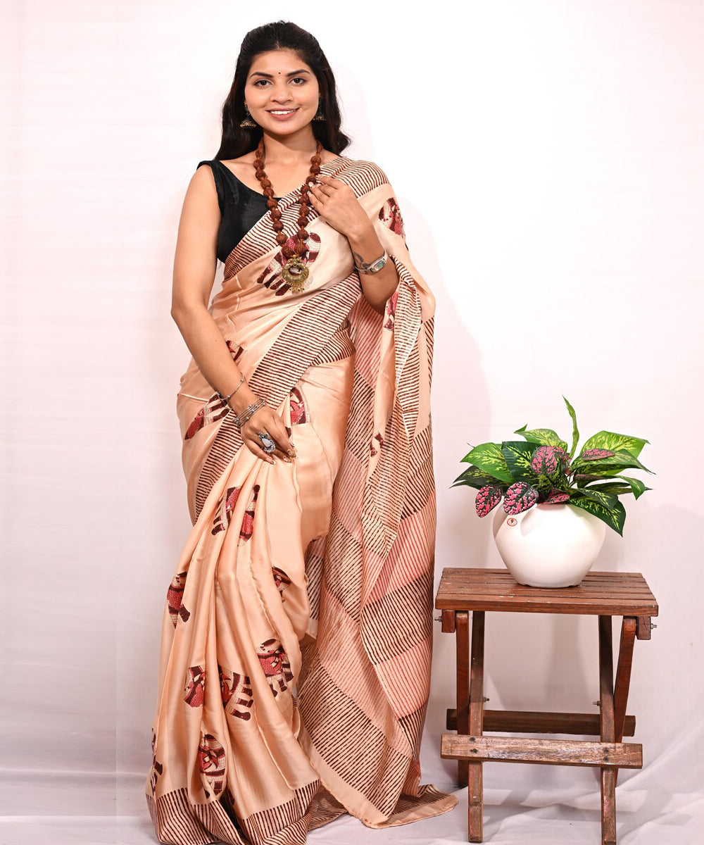 Peach maroon modal silk hand block printed saree