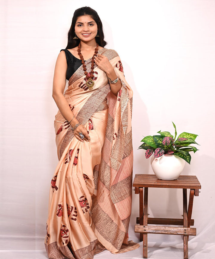 Peach maroon modal silk hand block printed saree
