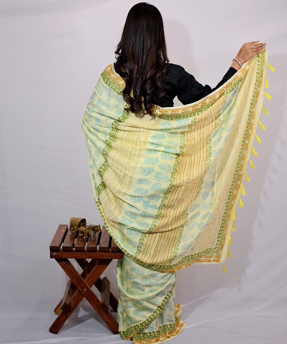Yellow light green modal silk hand block printed saree