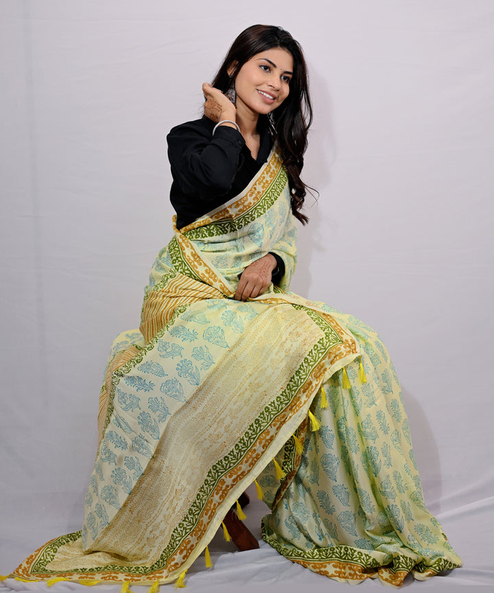 Yellow light green modal silk hand block printed saree