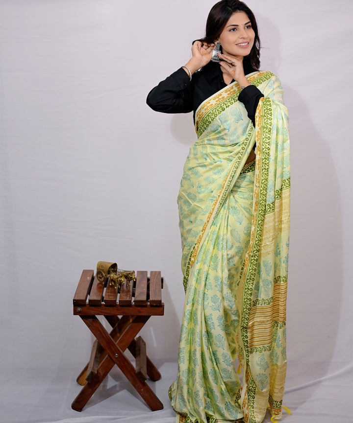 Yellow light green modal silk hand block printed saree