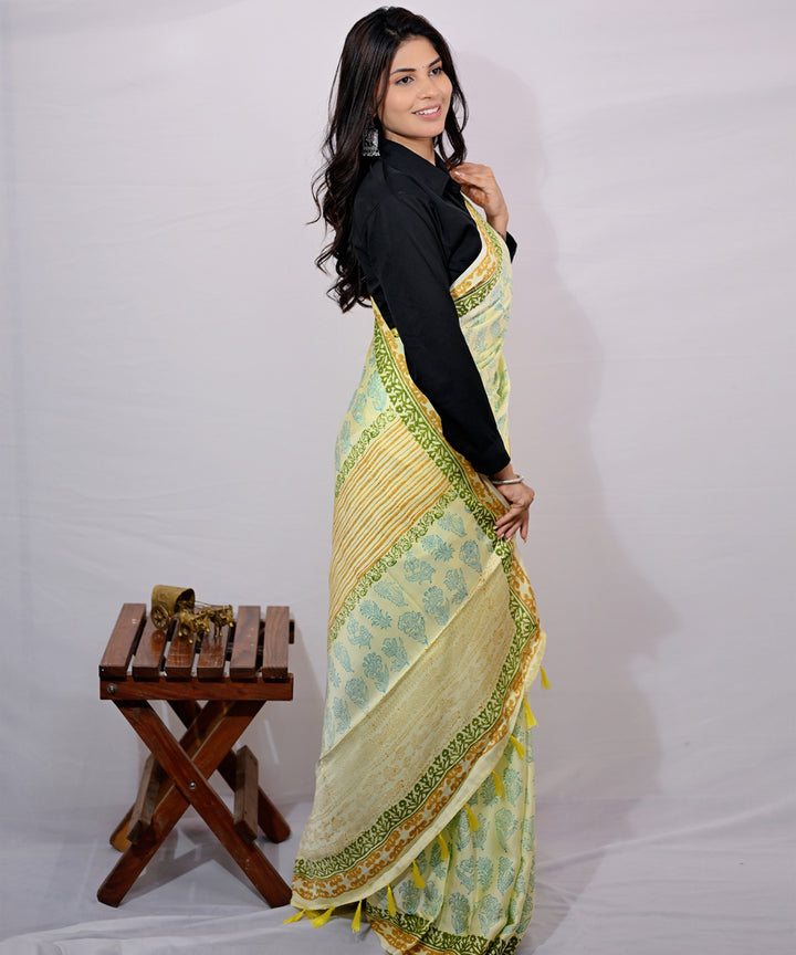 Yellow light green modal silk hand block printed saree