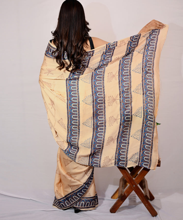 Brown navy blue modal silk hand block printed saree