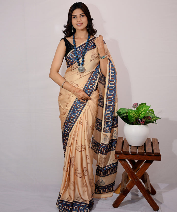 Brown navy blue modal silk hand block printed saree