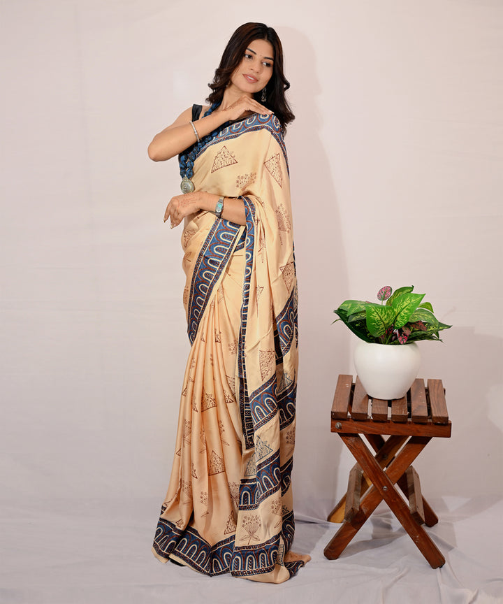 Brown navy blue modal silk hand block printed saree