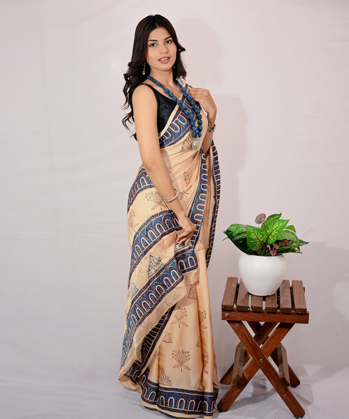 Brown navy blue modal silk hand block printed saree