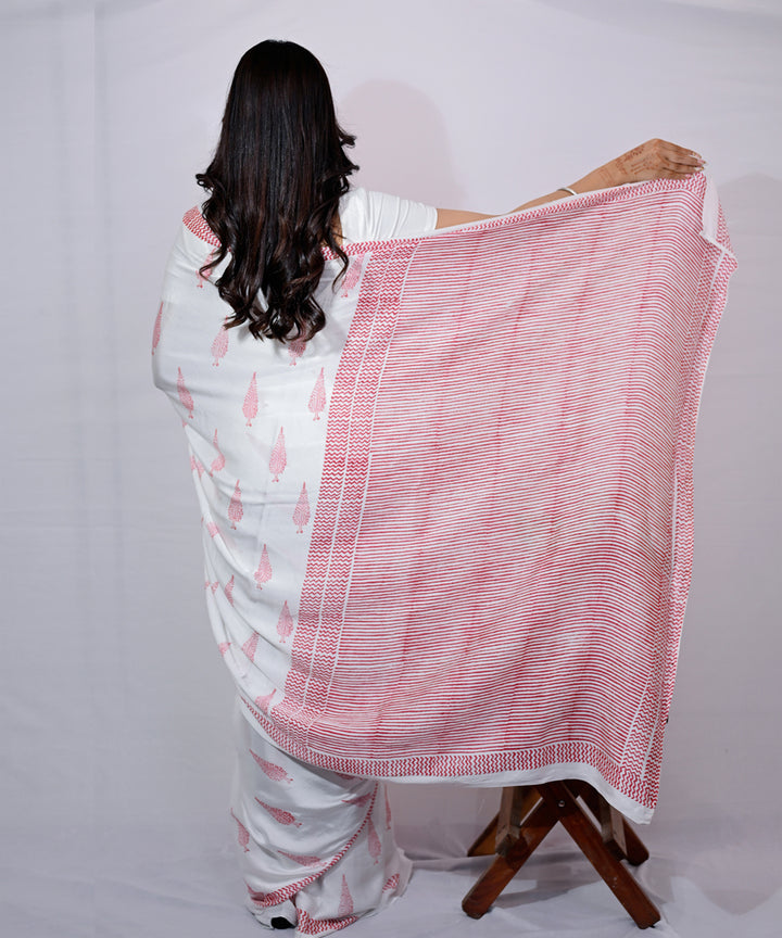 White red modal silk hand block printed saree