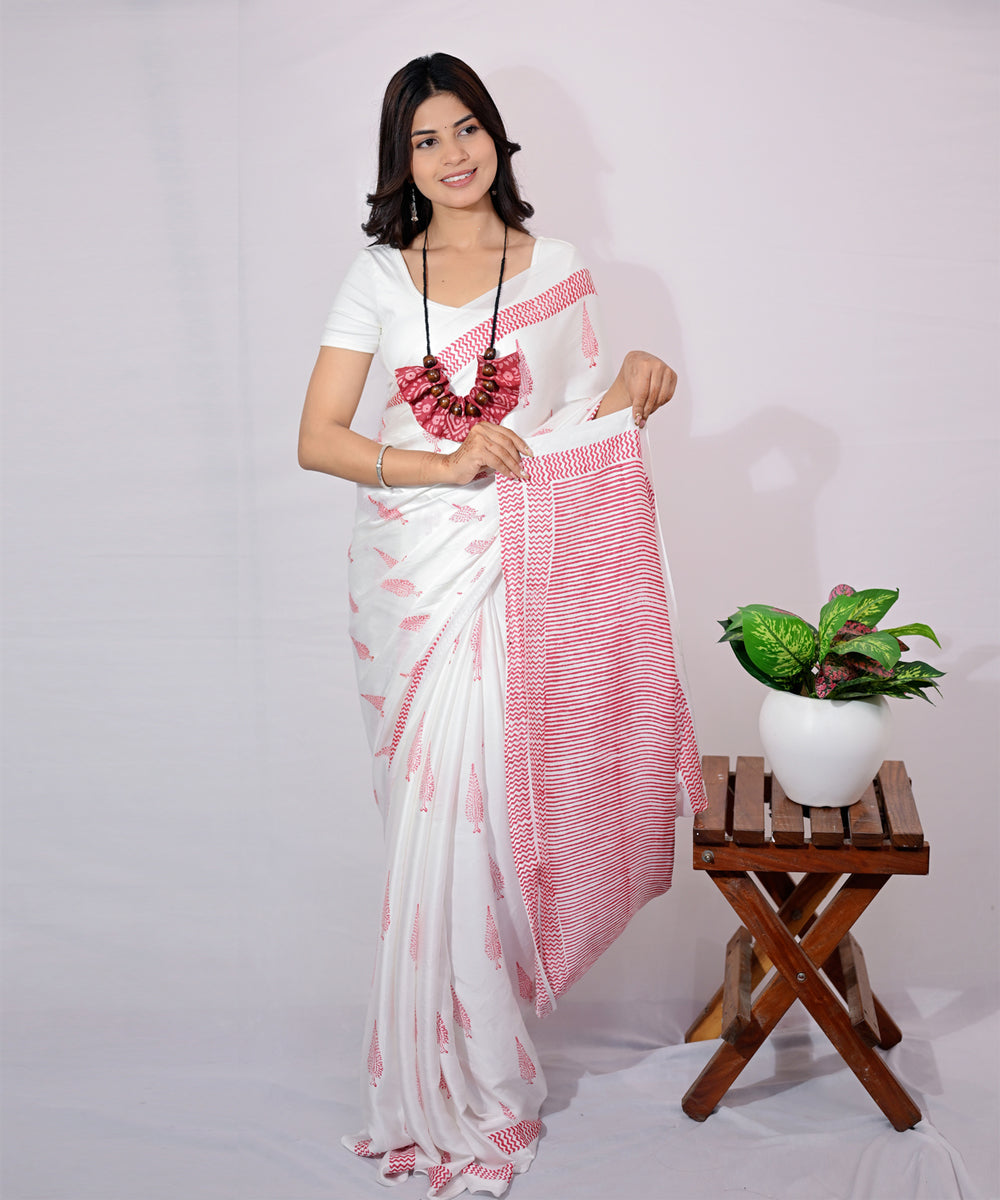 White red modal silk hand block printed saree