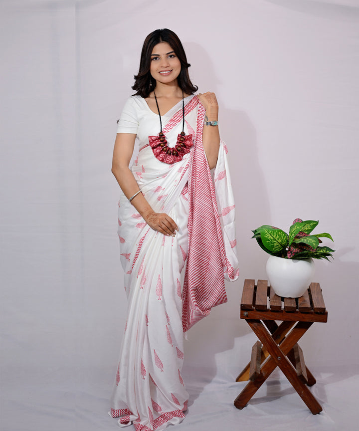 White red modal silk hand block printed saree