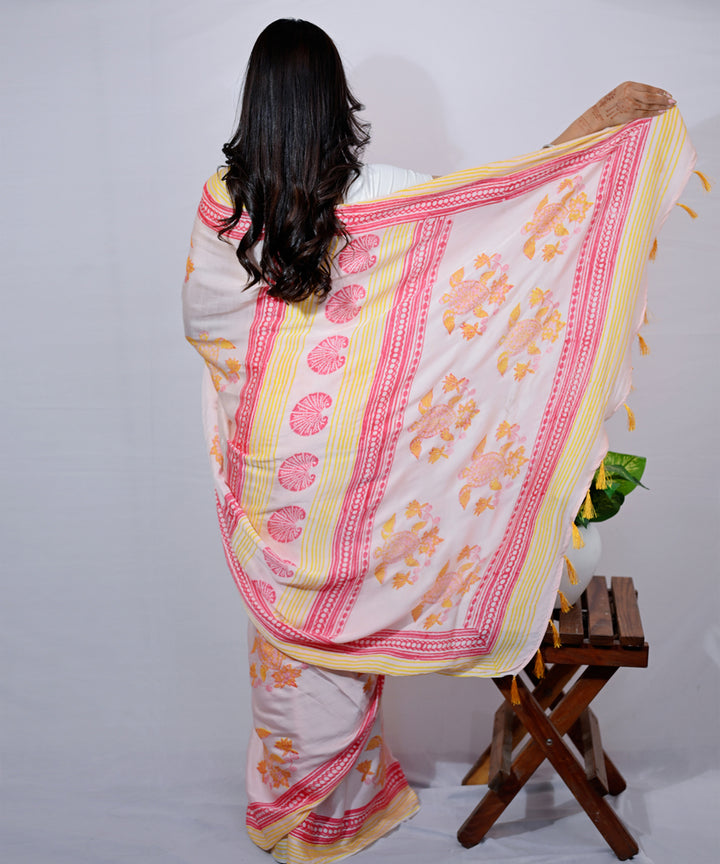 Pink yellow modal silk hand block printed saree