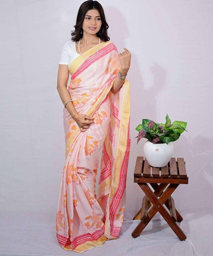 Pink yellow modal silk hand block printed saree