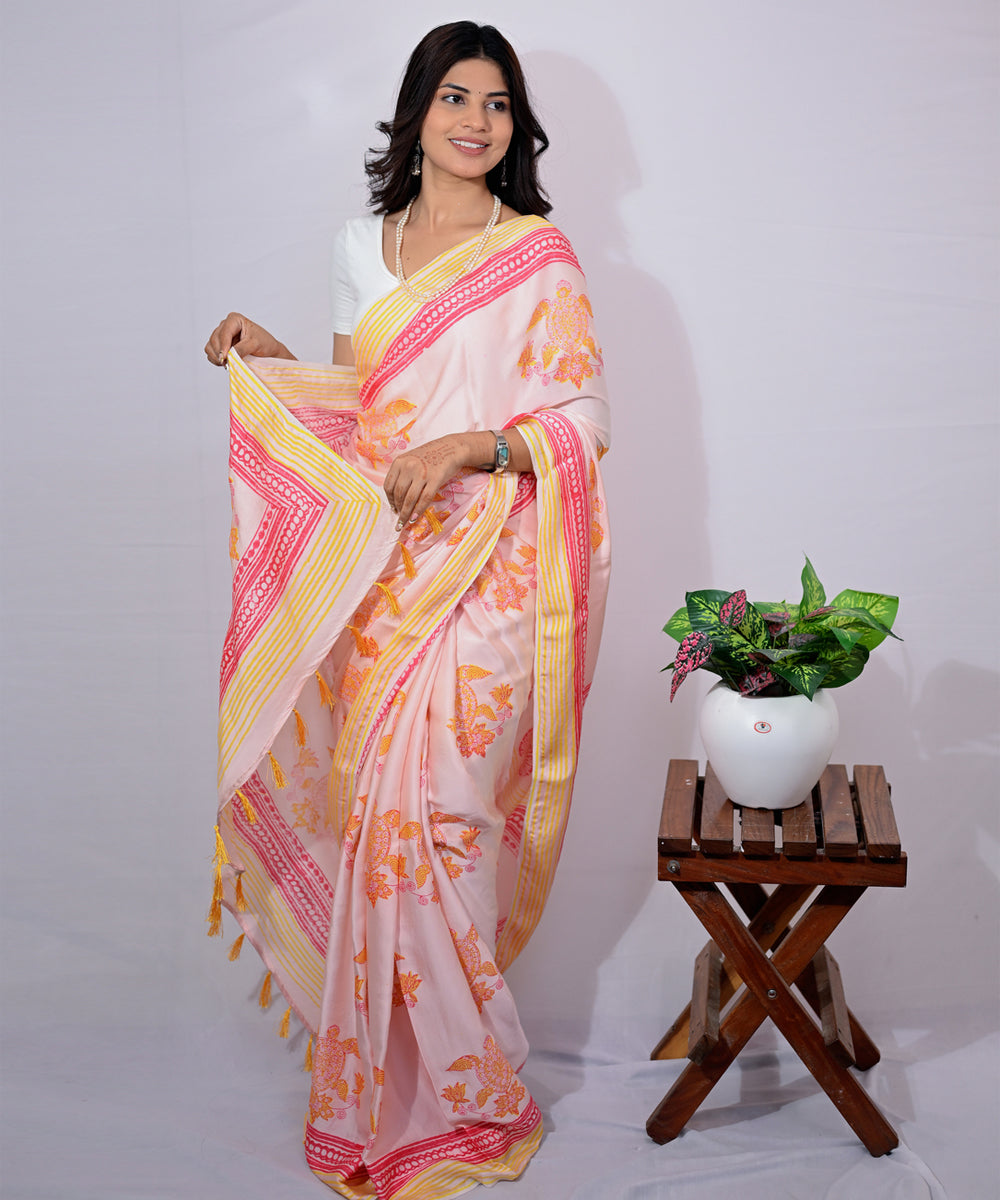 Pink yellow modal silk hand block printed saree