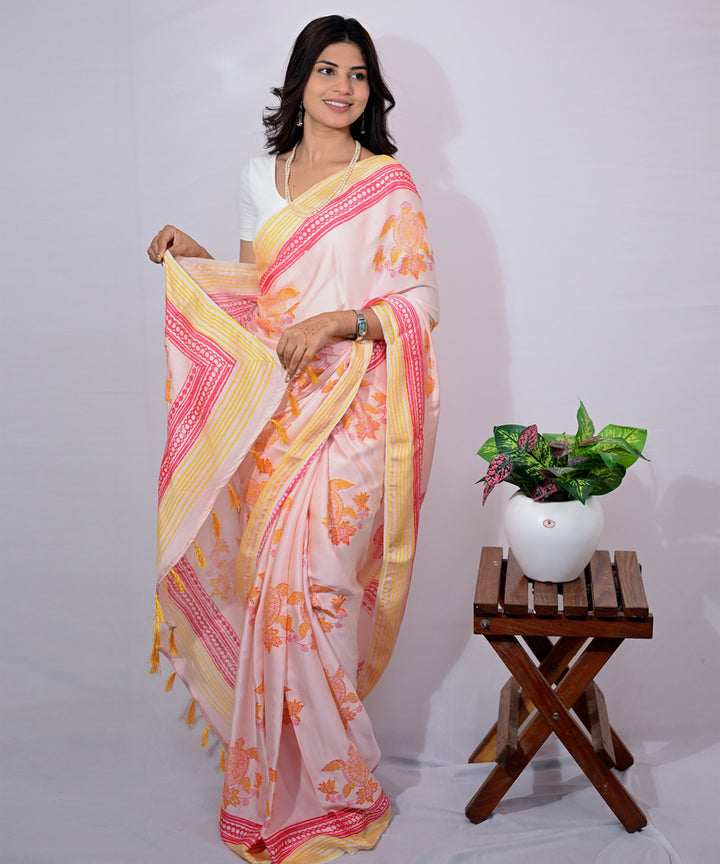 Pink yellow modal silk hand block printed saree