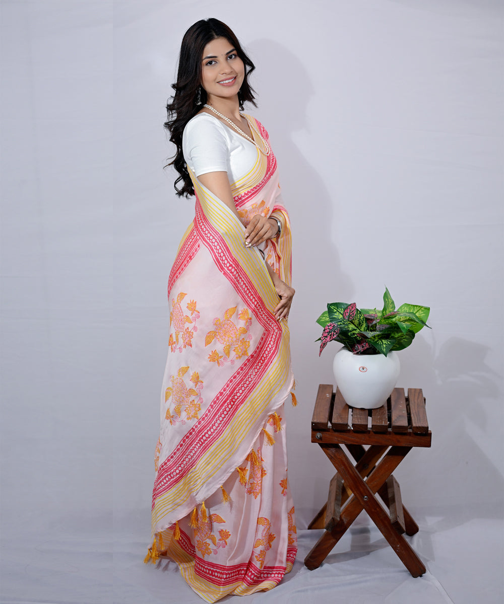 Pink yellow modal silk hand block printed saree