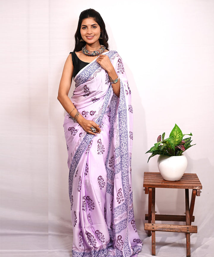 Lavender white modal silk hand block printed saree