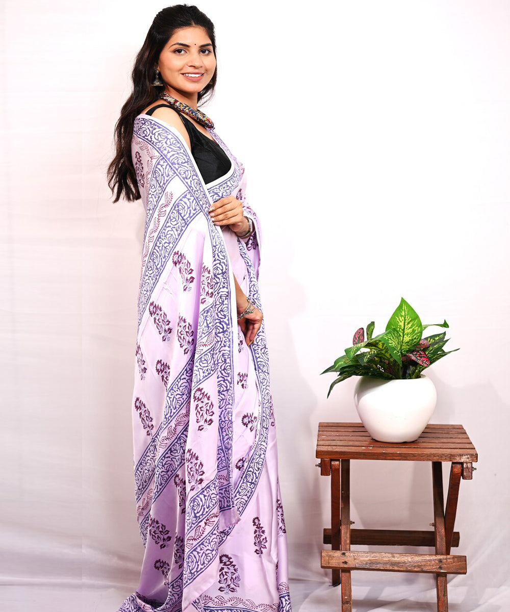 Lavender white modal silk hand block printed saree