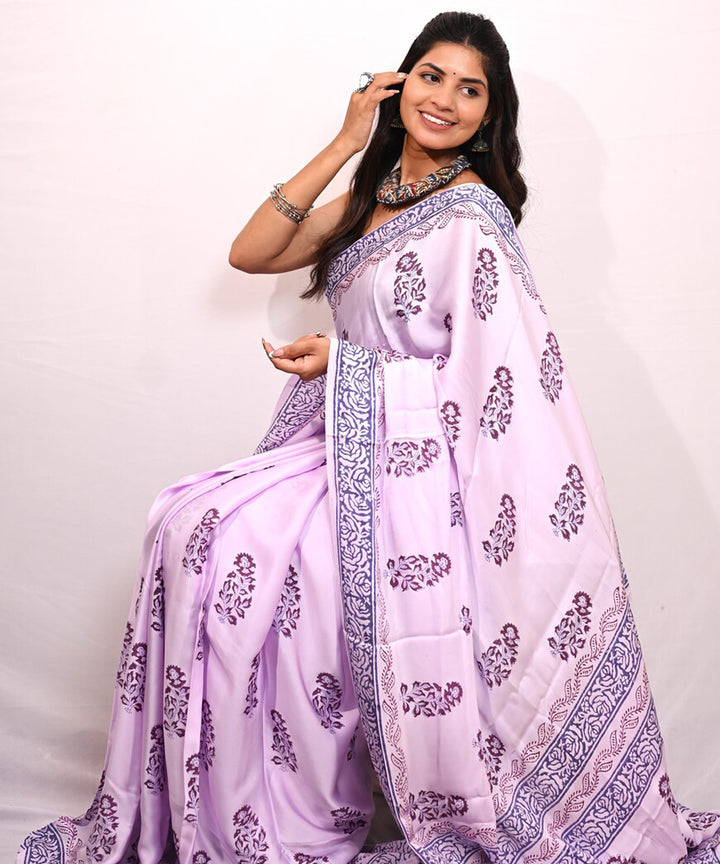 Lavender white modal silk hand block printed saree