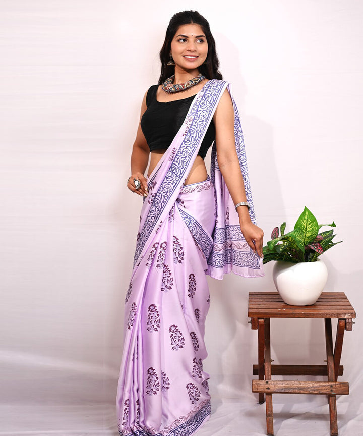 Lavender white modal silk hand block printed saree