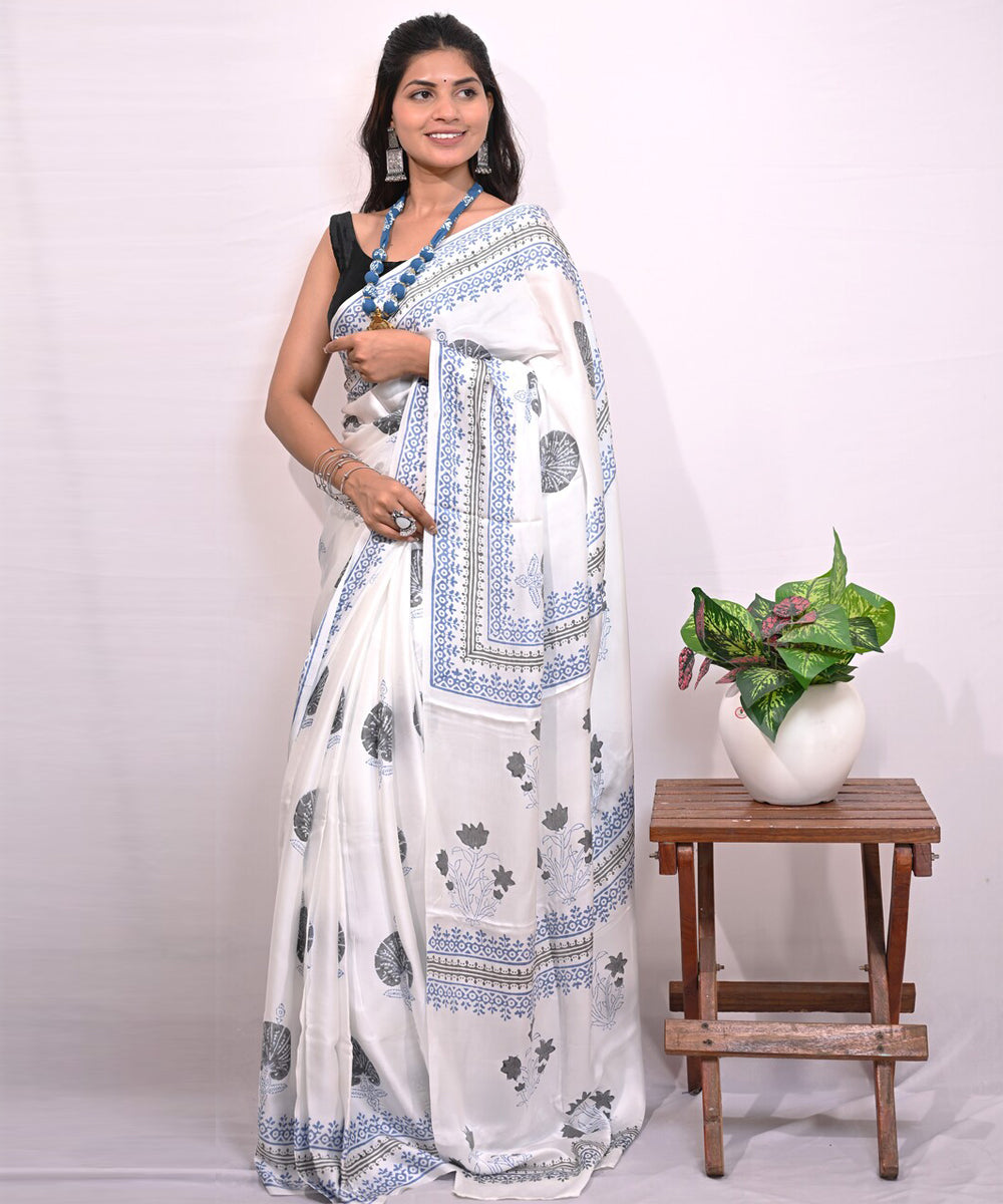 White cyan blue modal silk hand block printed saree