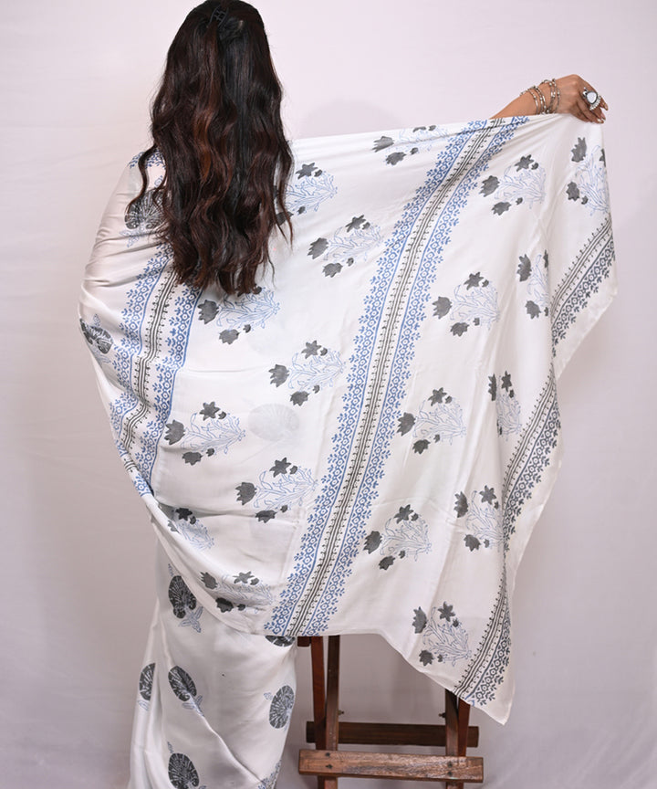 White cyan blue modal silk hand block printed saree