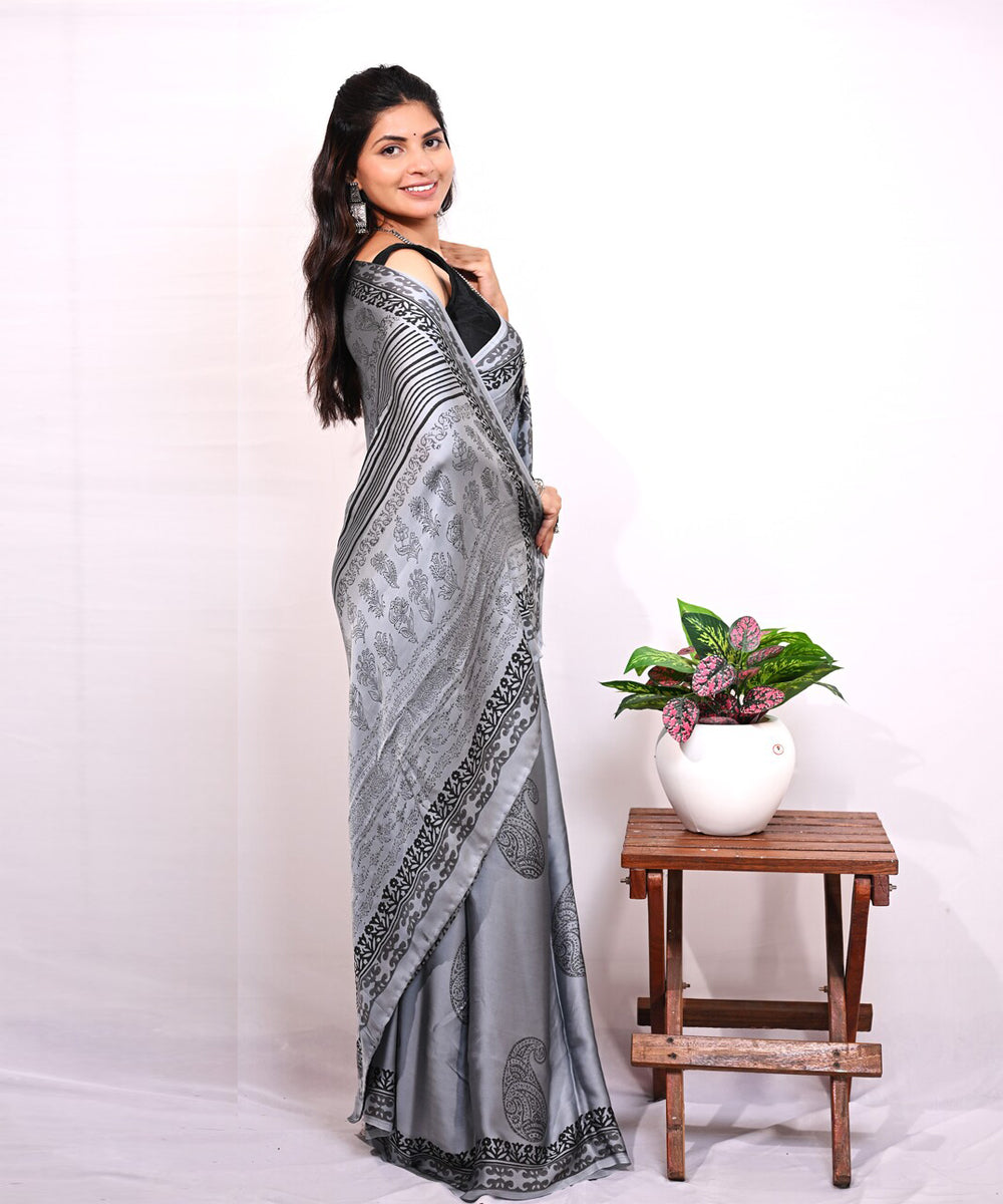 Grey black modal silk hand block printed saree