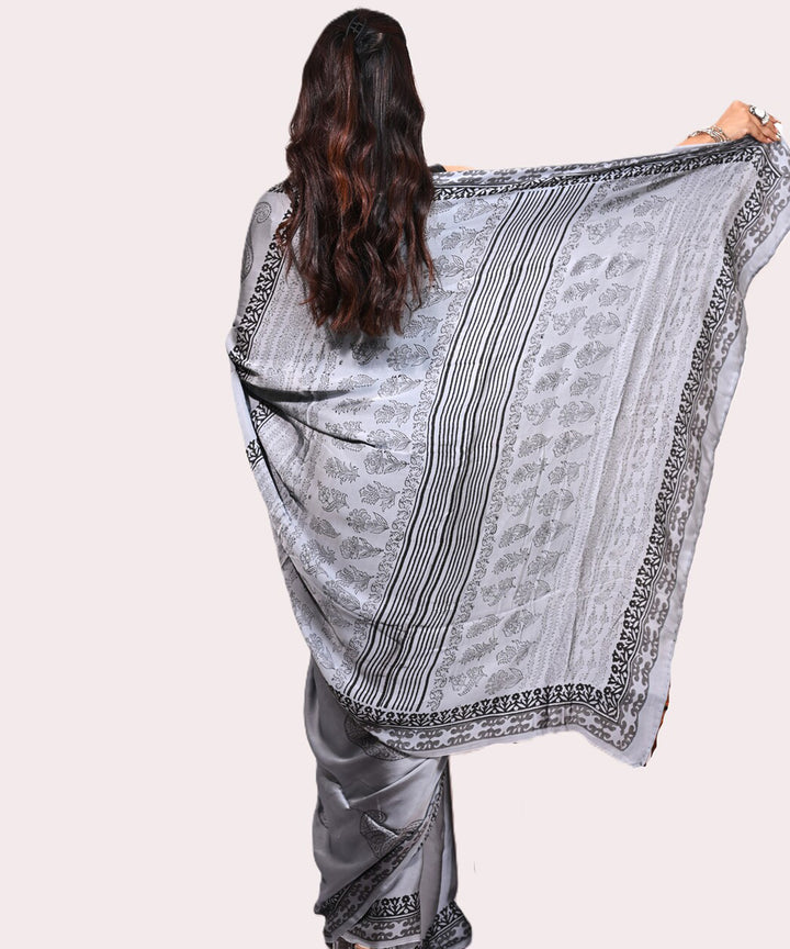 Grey black modal silk hand block printed saree